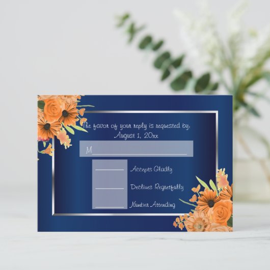 *UAWG - Hübsche orangefarbene Blume über Navy Blue RSVP Karte (Stehend Vorderseite)