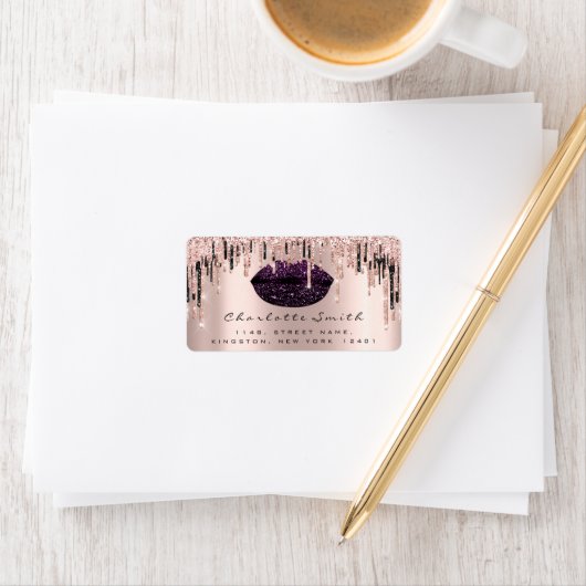 UAWG Kiss Rose Lips Lila Rose Glitzer Makeup Adressaufkleber (Insitu)