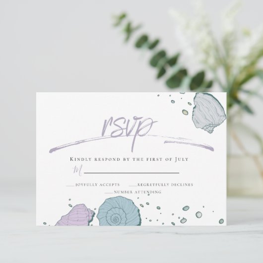 UAWG | Lässig Beach Seashells Lilac Dusty Blue Einladung (Stehend Vorderseite)