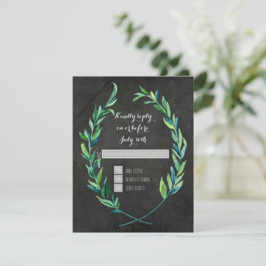 UAWG Laurel Wreath Olive Leaf Branch Chalkboard RSVP Karte (Stehend Vorderseite)