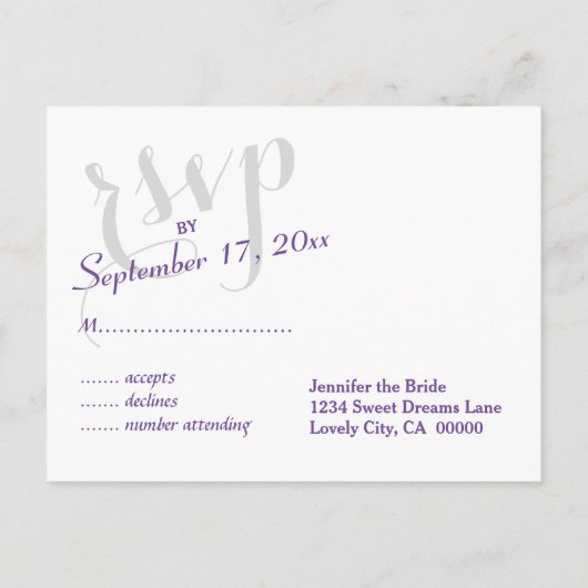 UAWG Lila oder JEGLICHE FARBEN-Hochzeitsreaktion Einladungspostkarte (Rückseite)