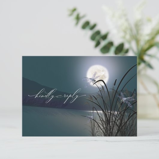 UAWG Menu Dusty Aquamarin Full Moon Dragonfly Pond Einladung (Stehend Vorderseite)