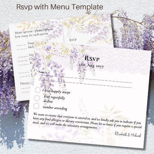 UAWG mit Menüvorlage Lila Wisteria Floral Postkarte