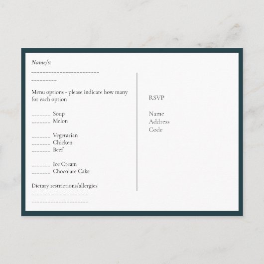 UAWG mit Menüvorlage | Peacock Blue Green Gold Postkarte (Rückseite)