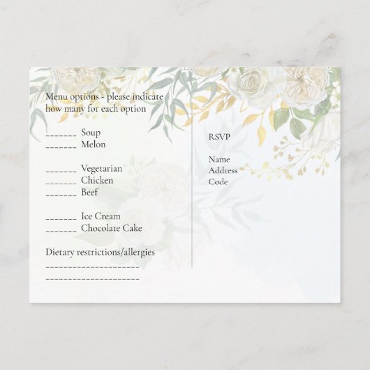 UAWG mit Menüvorlage Weiße Rosen Grünflächen Postkarte (Rückseite)