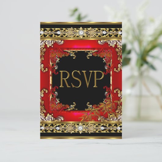 UAWG Party Verziert Red Asian Gold Bamboo Image RSVP Karte (Stehend Vorderseite)