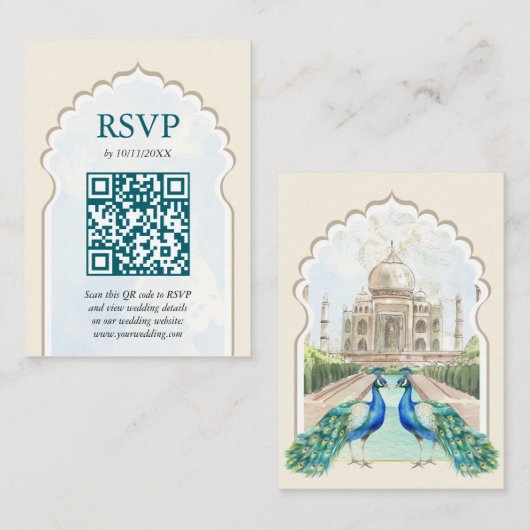 UAWG Peacock Taj Mahal Indian Wedding QR-Code Begleitkarte (Vorne/Hinten)