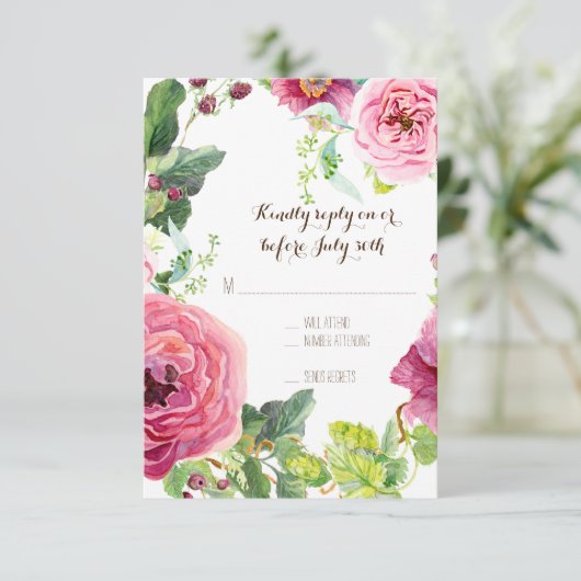 UAWG Peony Rose Wreath Leaf Raspberr Modern Simple RSVP Karte (Stehend Vorderseite)