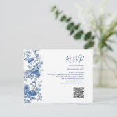 UAWG QR Code French Floral Toile Blue Wedding RSVP Karte (Stehend Vorderseite)