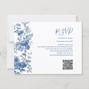 UAWG QR Code French Floral Toile Blue Wedding RSVP Karte