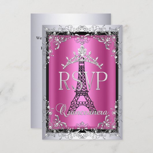 UAWG Quinceanera Pink Silver Tiara Eiffelturm RSVP Karte (Vorne/Hinten)