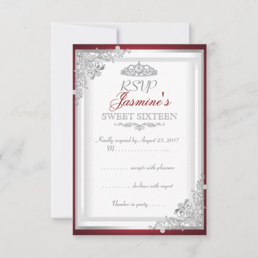 UAWG Red Silver Damask Tiara Sweet 16 RSVP Karte (Vorderseite)