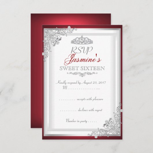 UAWG Red Silver Damask Tiara Sweet 16 RSVP Karte (Vorne/Hinten)