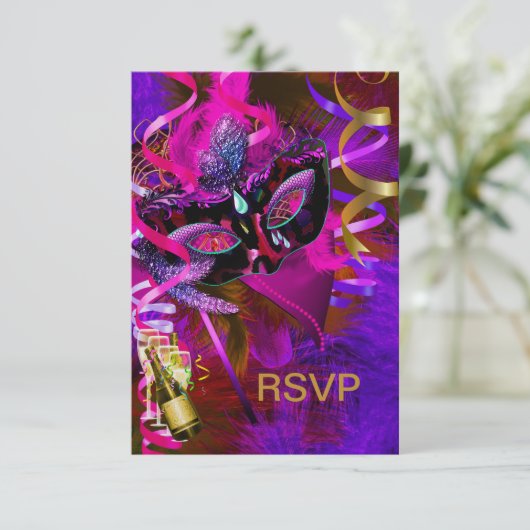UAWG Reply Masquerade Masken Champagne RSVP Karte (Stehend Vorderseite)