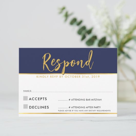 UAWG REPLY Modernes, einfaches Marineboldgold RSVP Karte (Stehend Vorderseite)