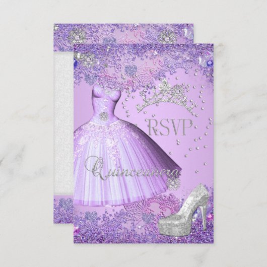 UAWG Reply Quinceanera Lila Tiara Kleidung Schuhe RSVP Karte (Vorne/Hinten)