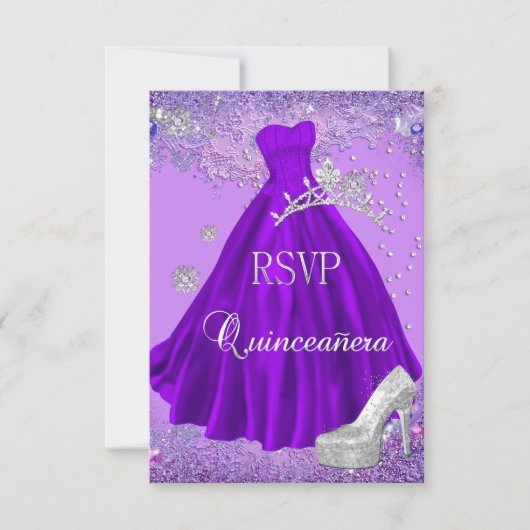 UAWG Reply Quinceanera Lila Tiara Kleidung Schuhe RSVP Karte (Vorderseite)