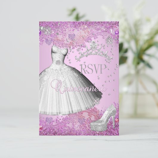 UAWG Reply Quinceanera Pink Tiara Kleidung Schuhe RSVP Karte (Stehend Vorderseite)