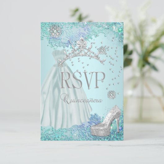 UAWG Reply Quinceanera Soft Aquamarine Tiara Kleid RSVP Karte (Stehend Vorderseite)
