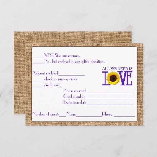 UAWG Response Burlap und Sunflower Lila RSVP Karte (Vorne/Hinten)