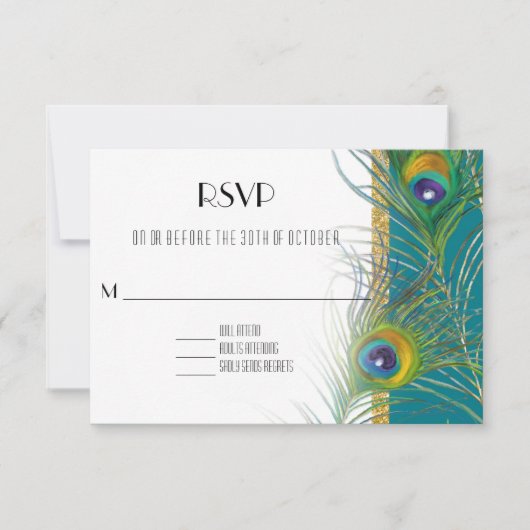 UAWG Response Card Peacock Feathers Art Deco Style RSVP Karte (Vorderseite)