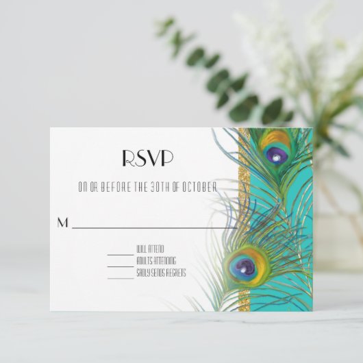 UAWG Response Card Peacock Feathers Art Deco Style RSVP Karte (Stehend Vorderseite)
