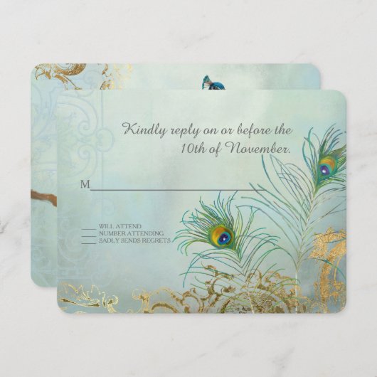UAWG Response Peacock Feather Gold Elegante Hochze RSVP Karte (Vorne/Hinten)