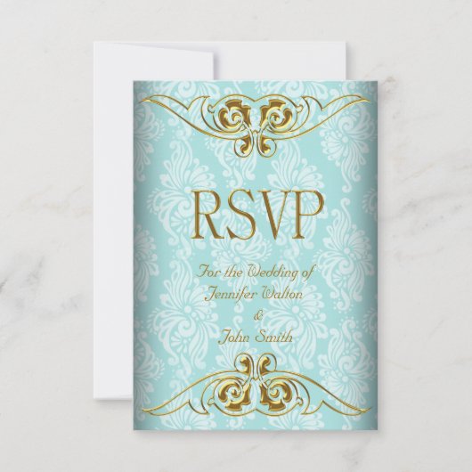 UAWG Response Wedding Aquamarin Blue Gold Damask RSVP Karte (Vorderseite)