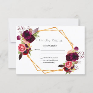 UAWG Rose Goldblumen Hochzeitsblumen bordeauxfarbe RSVP Karte