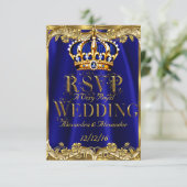 UAWG Royal Blue Navy Wedding Gold Crown 3 RSVP Karte (Stehend Vorderseite)