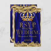 UAWG Royal Blue Navy Wedding Gold Crown 3 RSVP Karte (Vorne/Hinten)