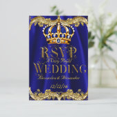UAWG Royal Blue Navy Wedding Gold Crown RSVP Karte (Stehend Vorderseite)