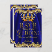 UAWG Royal Blue Navy Wedding Gold Crown RSVP Karte (Vorne/Hinten)