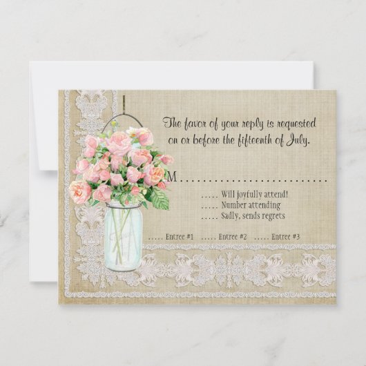 UAWG Rustic Country Mason Jar Blush Pink Roses RSVP Karte (Vorderseite)