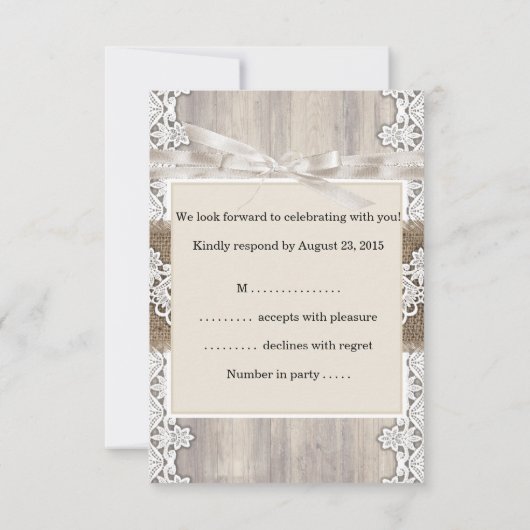 UAWG Rustic Wedding Beige White Lace Wood AB RSVP Karte (Rückseite)