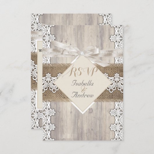 UAWG Rustic Wedding Beige White Lace Wood AB RSVP Karte (Vorne/Hinten)