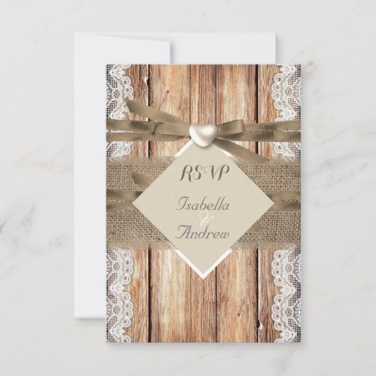 UAWG Rustic Wedding Brown White Lace Wood Burlap RSVP Karte (Vorderseite)
