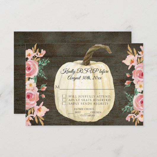 UAWG Rustikale Rosa Blütenpinsel Weiße Kürbis Holz Einladung (Vorne/Hinten)