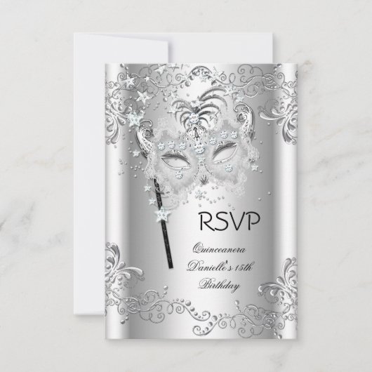 UAWG Silver Quinceanera 15. Geburtstag Masquerade RSVP Karte (Vorderseite)