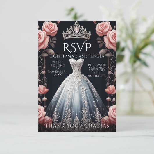 UAWG Spanish Quinceañera Rosas RSVP Karte (Stehend Vorderseite)