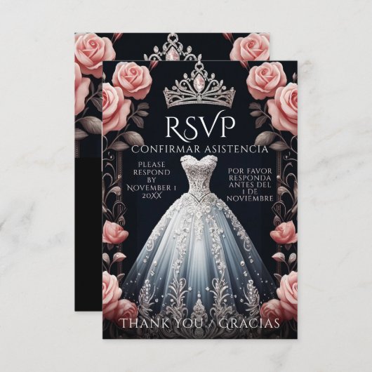 UAWG Spanish Quinceañera Rosas RSVP Karte (Vorne/Hinten)
