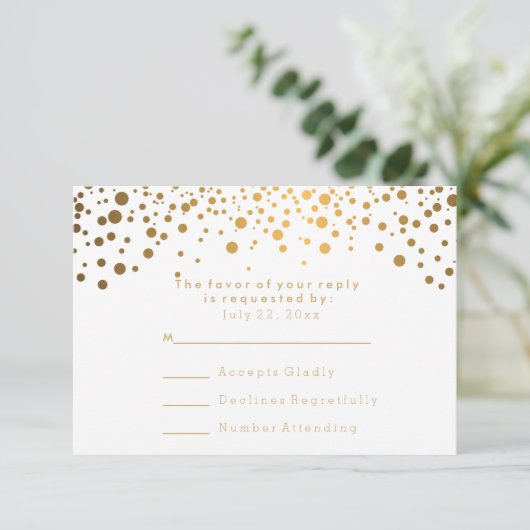 UAWG Stylish Gold Confetti White Wedding RSVP Karte (Stehend Vorderseite)