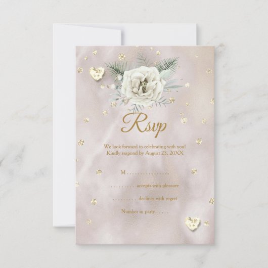 UAWG Wedding Beige Gold White Rose Hearts Glitzer RSVP Karte (Vorderseite)