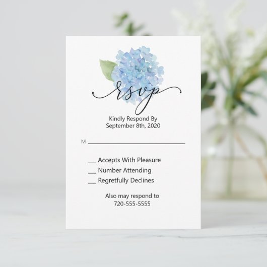 UAWG Wedding Blue Hydrangea RSVP Karte (Stehend Vorderseite)