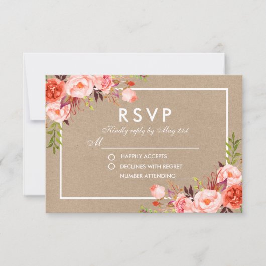 UAwg Wedding Coral Floral Kraft RSVP Karte (Vorderseite)
