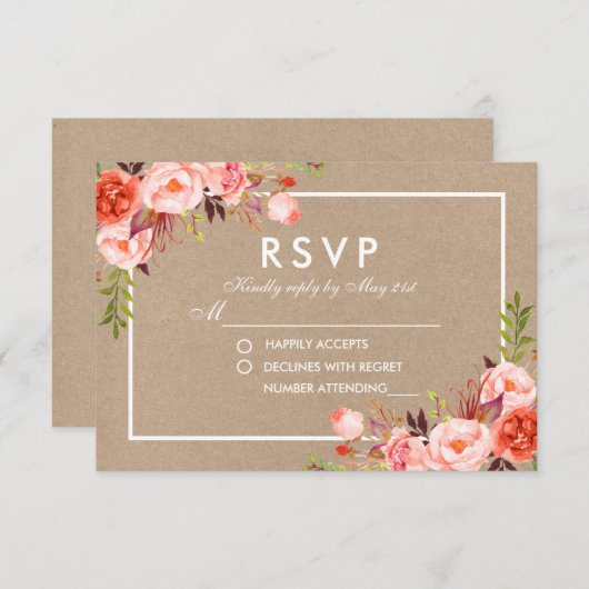 UAwg Wedding Coral Floral Kraft RSVP Karte (Vorne/Hinten)