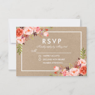 UAwg Wedding Coral Floral Kraft RSVP Karte