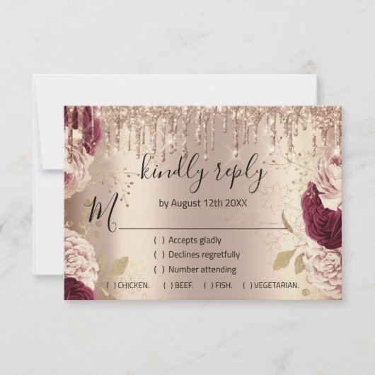 UAWG Wedding Glitzer Bridal Rose Gold Wreath Tropf RSVP Karte (Vorderseite)