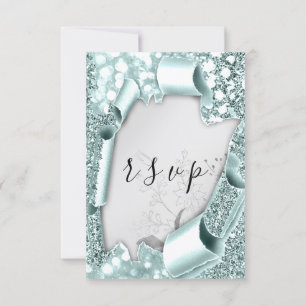 UAWG Wedding Glitzer Florals Silver Aqua Blue RSVP Karte