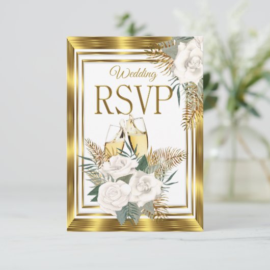 UAWG Wedding Golden White Rose Champagne Gold RSVP Karte (Stehend Vorderseite)